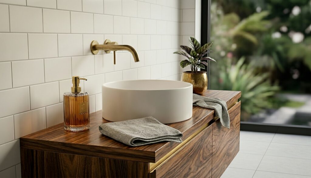 Round basin on a timber vanity