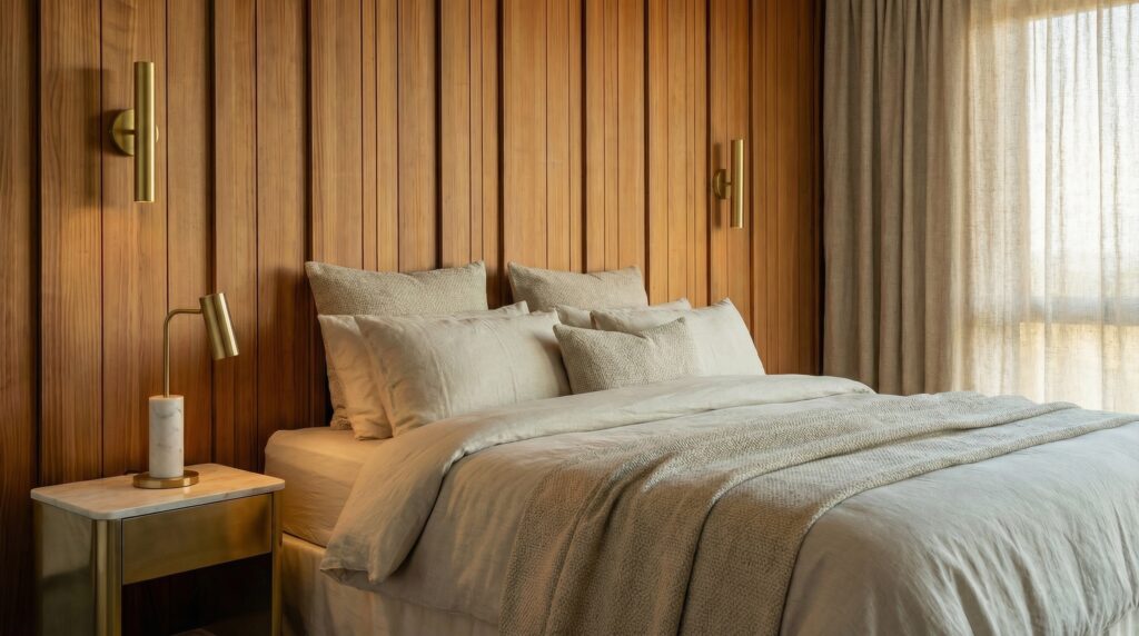 Bedroom with timber feature wall