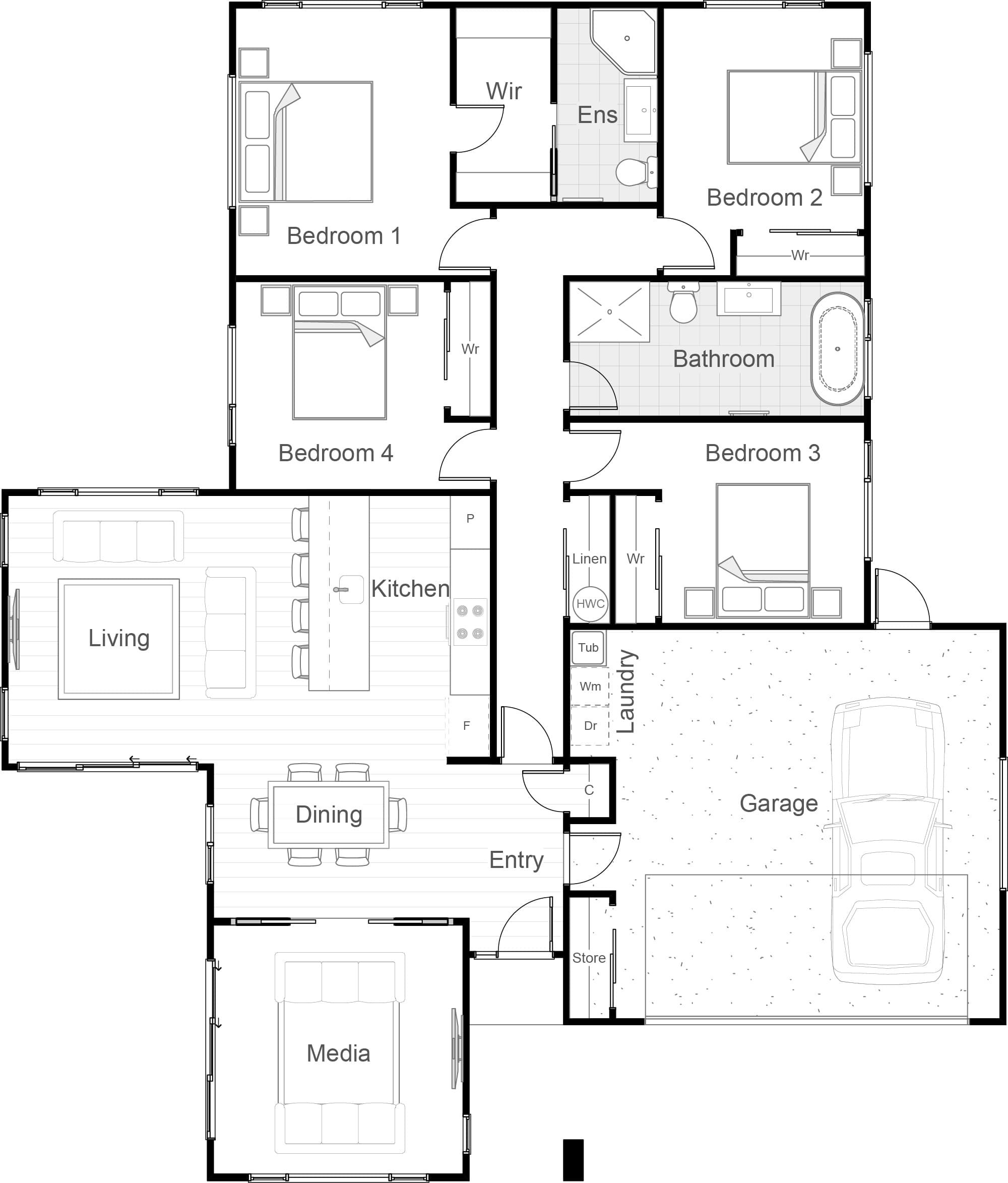 180m² with double garage and media room floor plan