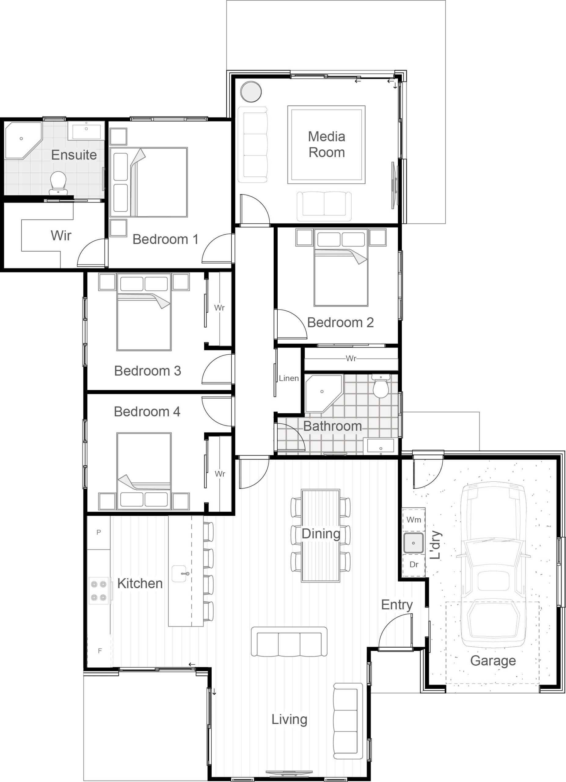 170m² with single garage and media room floor plan